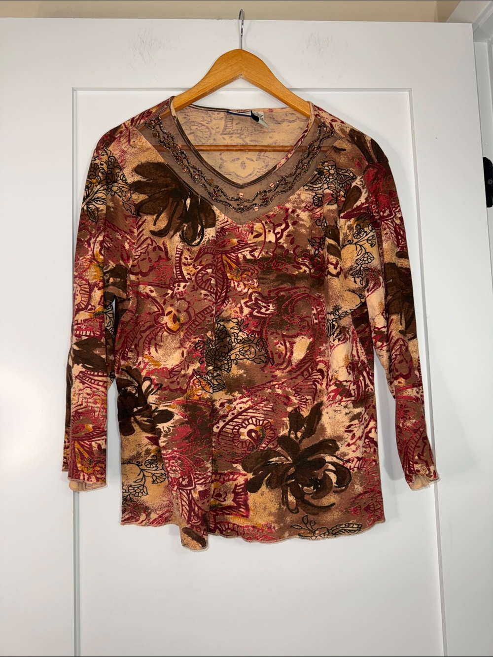 Vintage Caribbean Joe Paisley V‑Neck 3/4 sleeve Burgundy,Brown&Cream Sz XL indie